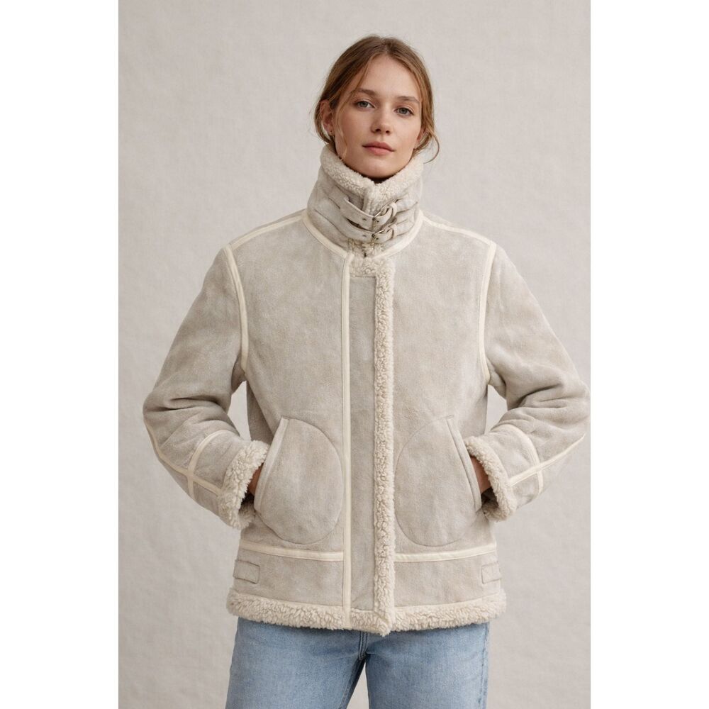 Faux Suede Shearling Aviator Biker Jacket Cream Sherpa Lined Buckle Cozy Est XL